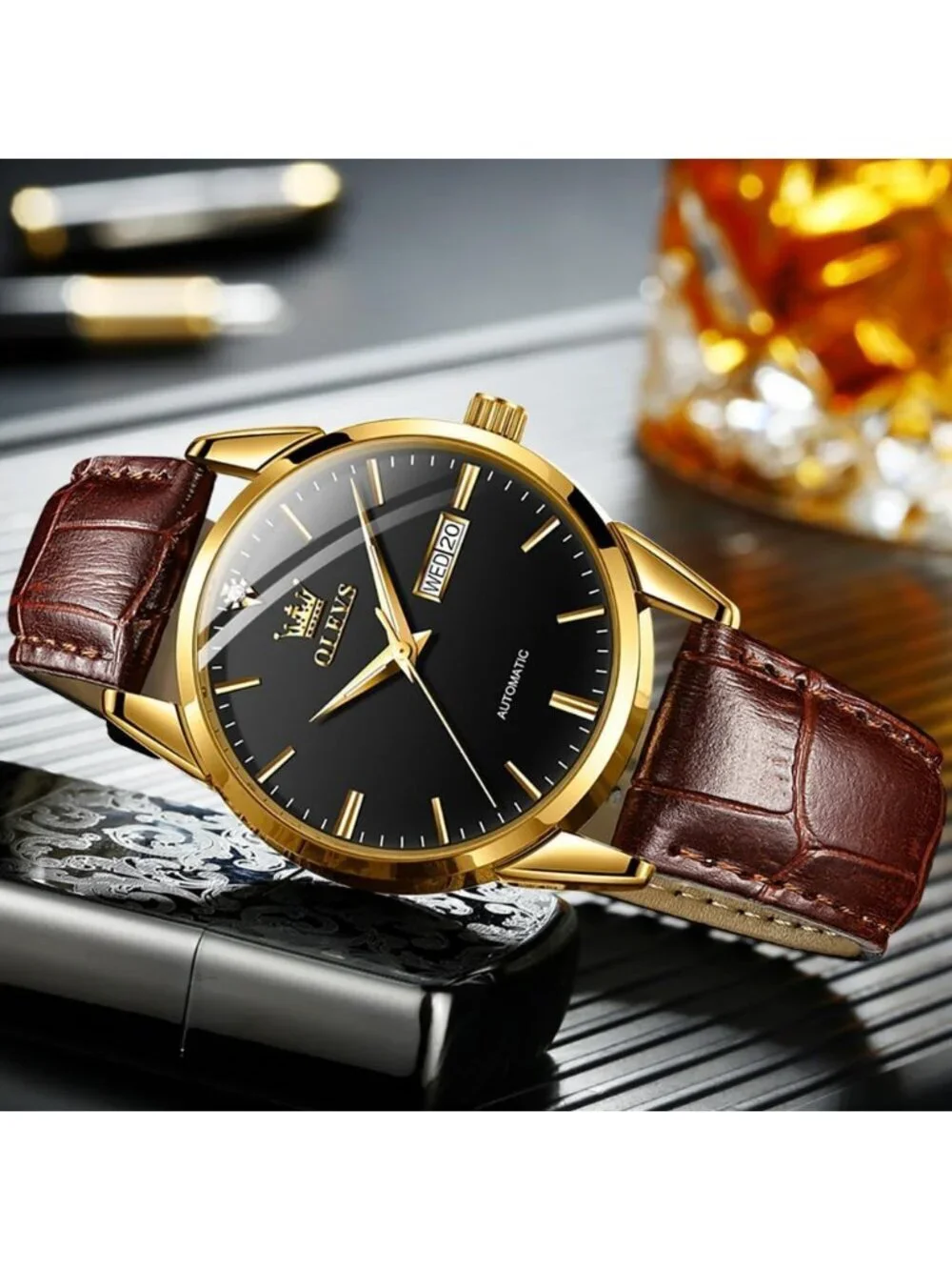Men's Brown strap/Black Dial Luxury Leather Band Mechanical Classic Wrist Watch